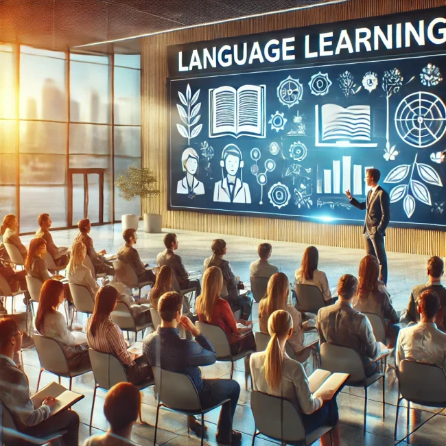 DALL·E 2024-11-21 16.40.34 - An image representing the organization of seminars for language learning. A professional setting with an audience seated in a modern conference room, (1)