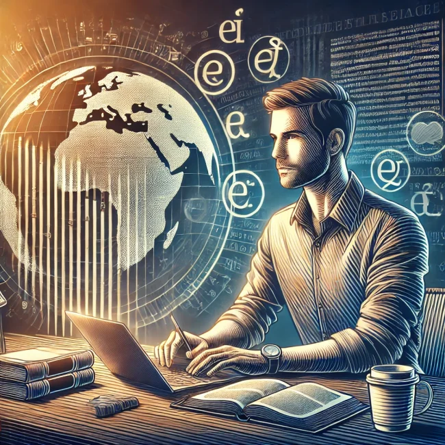 DALL·E 2024-12-05 22.10.33 - A detailed illustration of a man translating content in a modern, professional setting. The man, dressed casually in a business shirt, sits at a desk